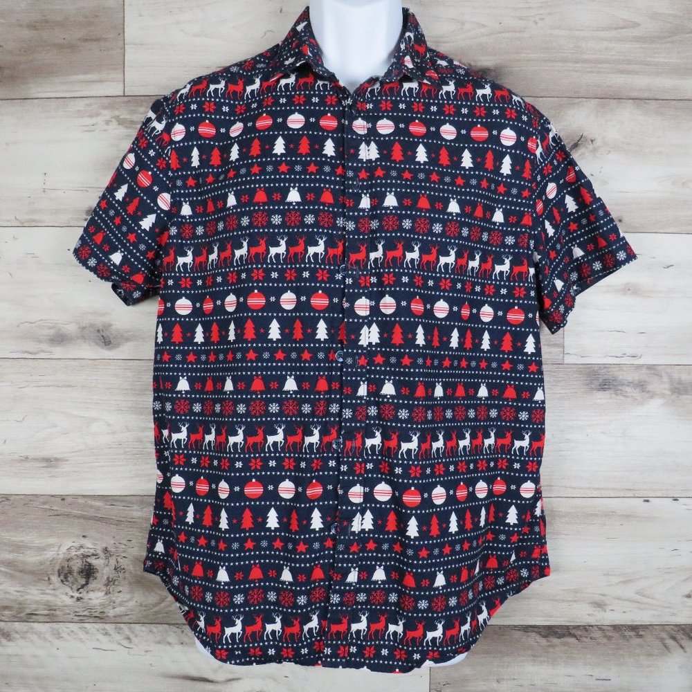 Denim & Flower* Men's Short Sleeve Button Down Curved Hem‎ Holiday Shirt~ Large